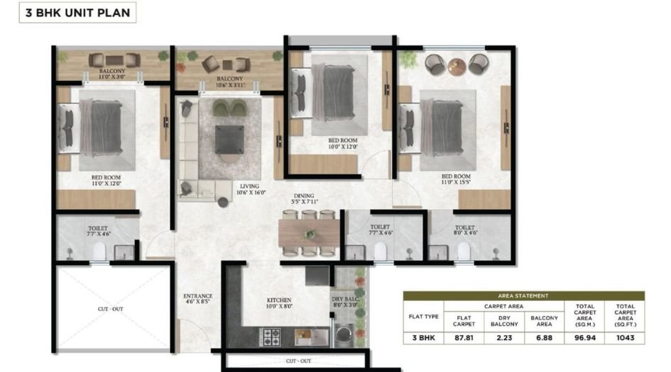 Triaa-Nesteraa-Floor-Plan-3 BHK-1043 Sqft
